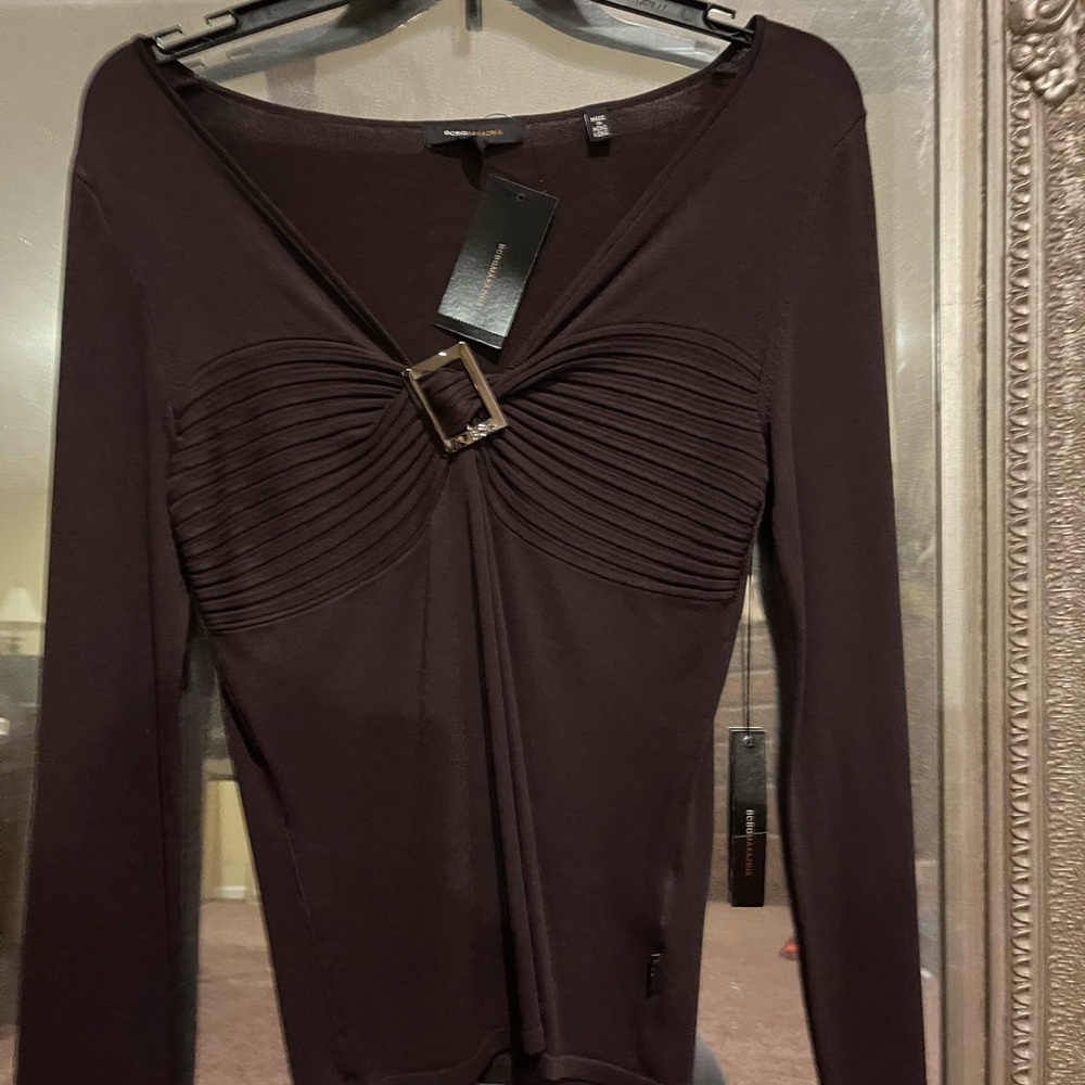 BCBGMaxAzria Black Long Sleeve Bodysuit with Buckle